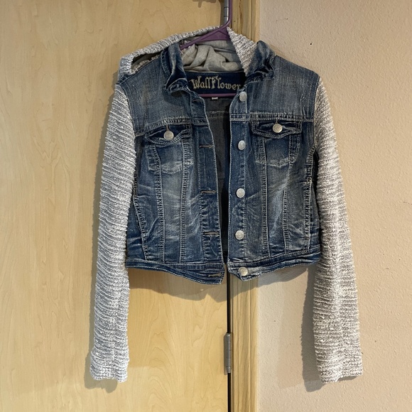 Wallflower Jackets & Blazers - Women Small Junior Large So Cute Denim Knit Hooded Jacket Distressed Wallflower